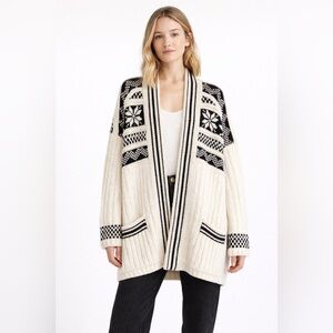 Maje Wool Blend Chunky Knit Cardigan Fair Isle Black Ivory Sz